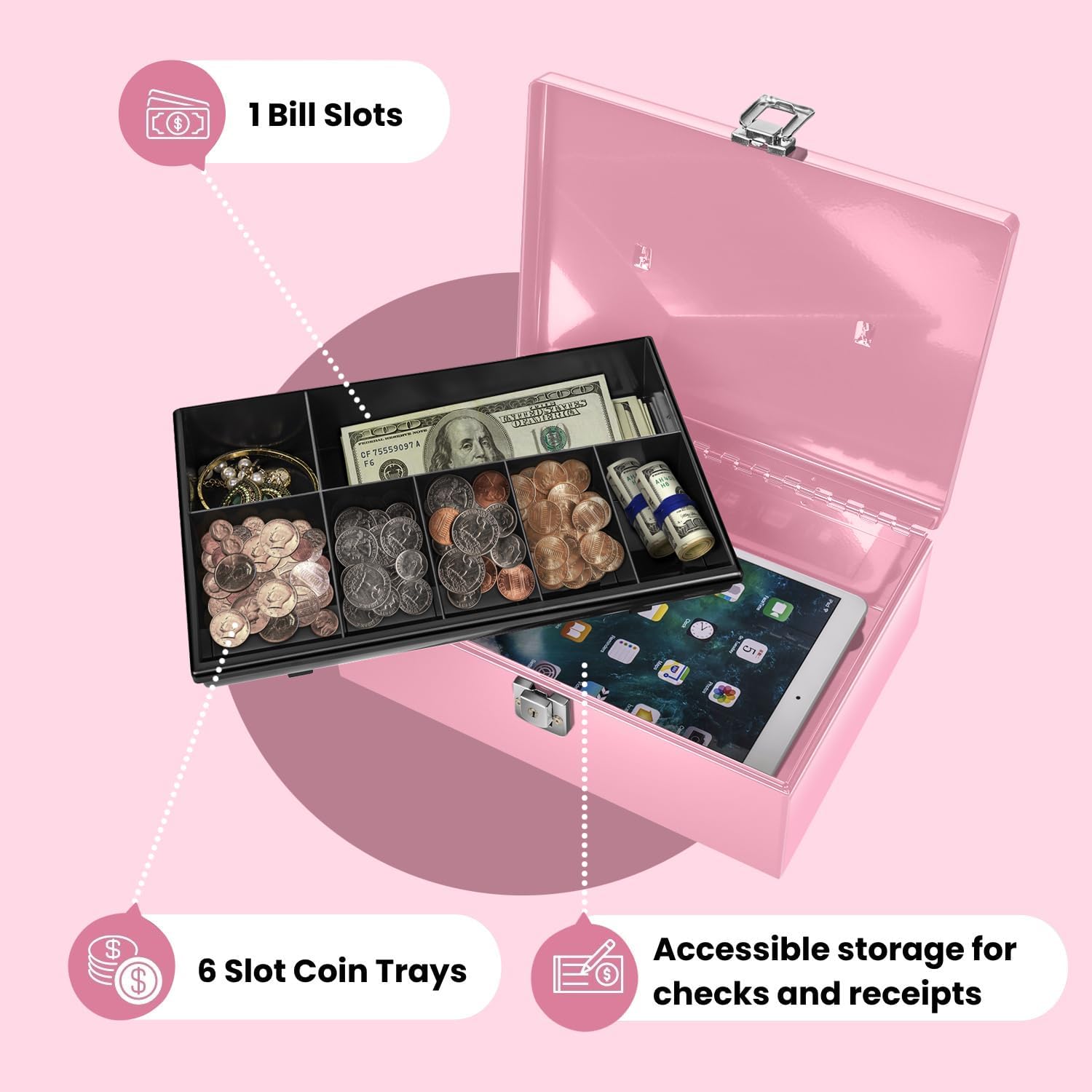 Flexzion Cash Box with Money Tray and Lock - Metal Money Box for Cash Storage with Secure Latch Lock & Key - Pink Petty Cash Box with 7 Compartment Money Tray for Small Businesses, 11x7.7x3.5 Inches