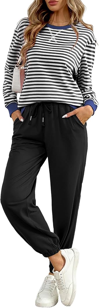 Womens Cozy 2 Piece Outfits Lounge Sets Striped Color Block Long Sleeve Tops Jogger Sweatpants Sweats Track Suits Set - Black&White 2XL