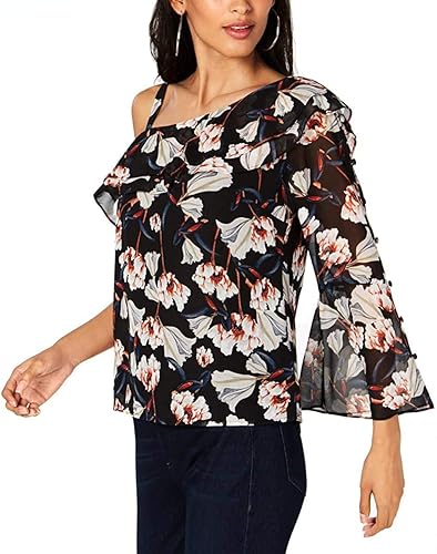 I-N-C Blusa asimétrica floral de un hombro para mujer, Begonia floreciente