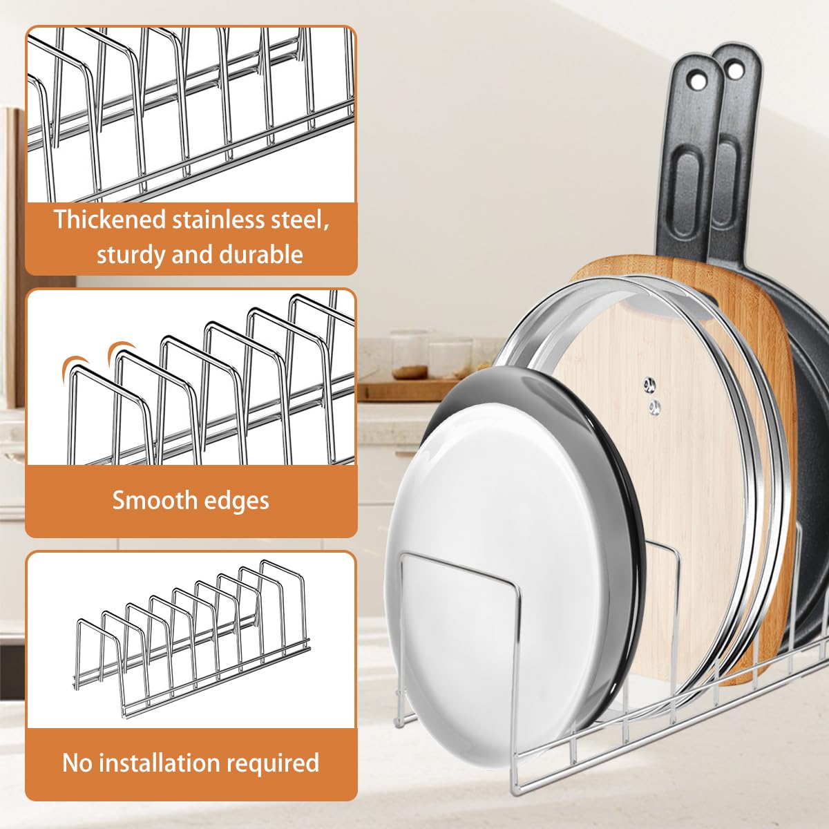 Topfdeckel-Organizer, Topfdeckel-Halter, Edelstahl, Geschirrteller-Regal, Töpfe und Pfannen, Organizer unter dem Schrank, Küchen-Schneidebrett-Organizer für Backgeschirr, Geschirr, Teller