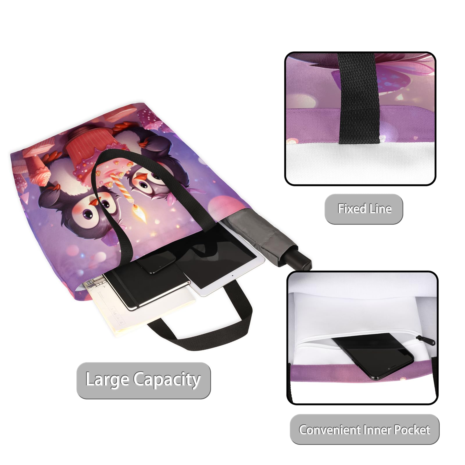 Mularoka Penguins Birthday Cake Large Capacity Canvas Tote Bag Stylish Handheld Shoulder Bag Reusable Shopping Bag for Work Travel Beach Trips Shopping