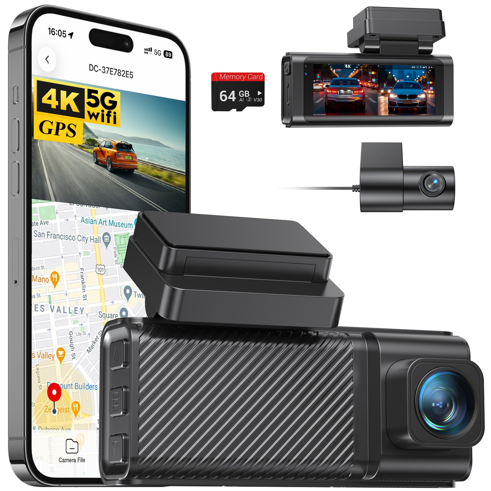 4K 2 5K Dash Cam Front and Rear GPS 5 8G WiFi Free 64GB Card Included Dash Camera