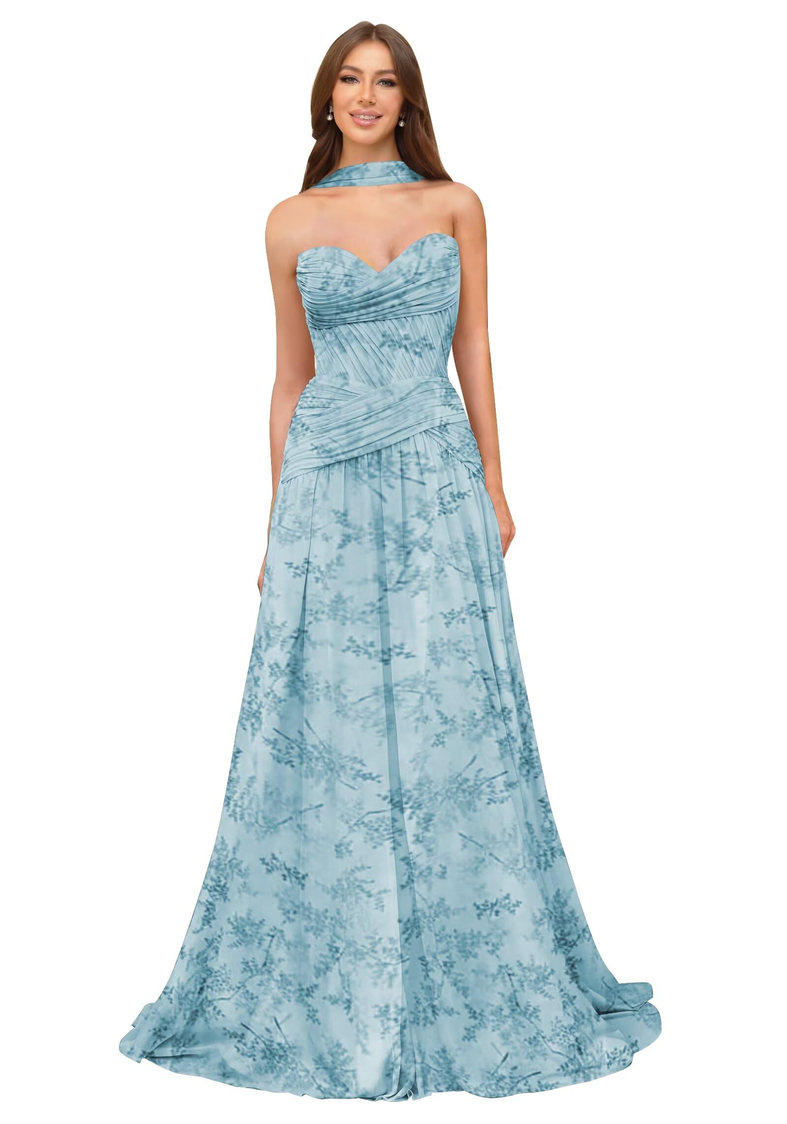 Women's Strapless Chiffon Bridesmaid Dresses with Scarf Long Pleated A Line Formal Gowns