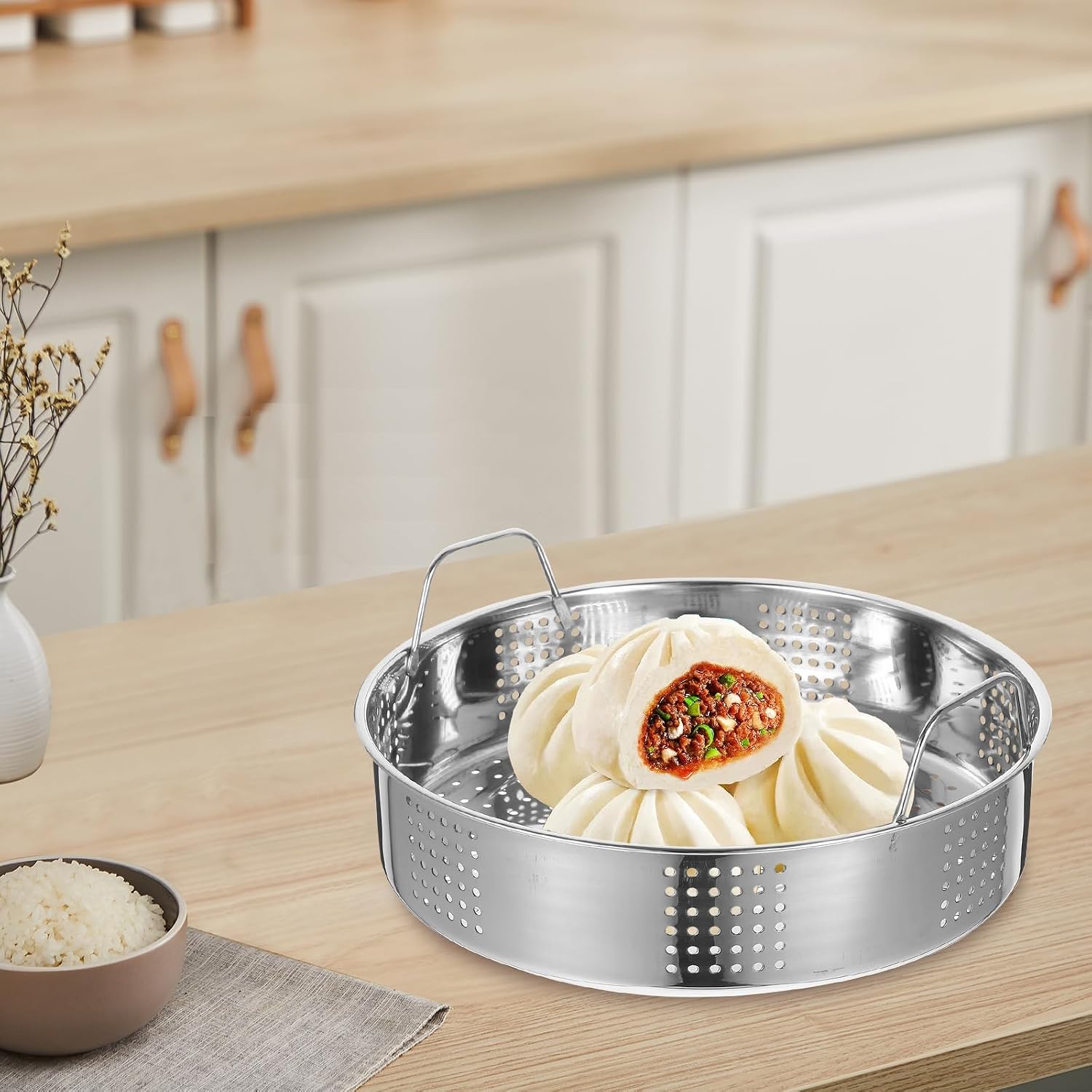 Hemoton Stainless Steel Steamer Basket 9.84 Inch Compact Steel Steamer for Cooking Dumplings and Buns with Multi-Vent Design for Even Heat Distribution