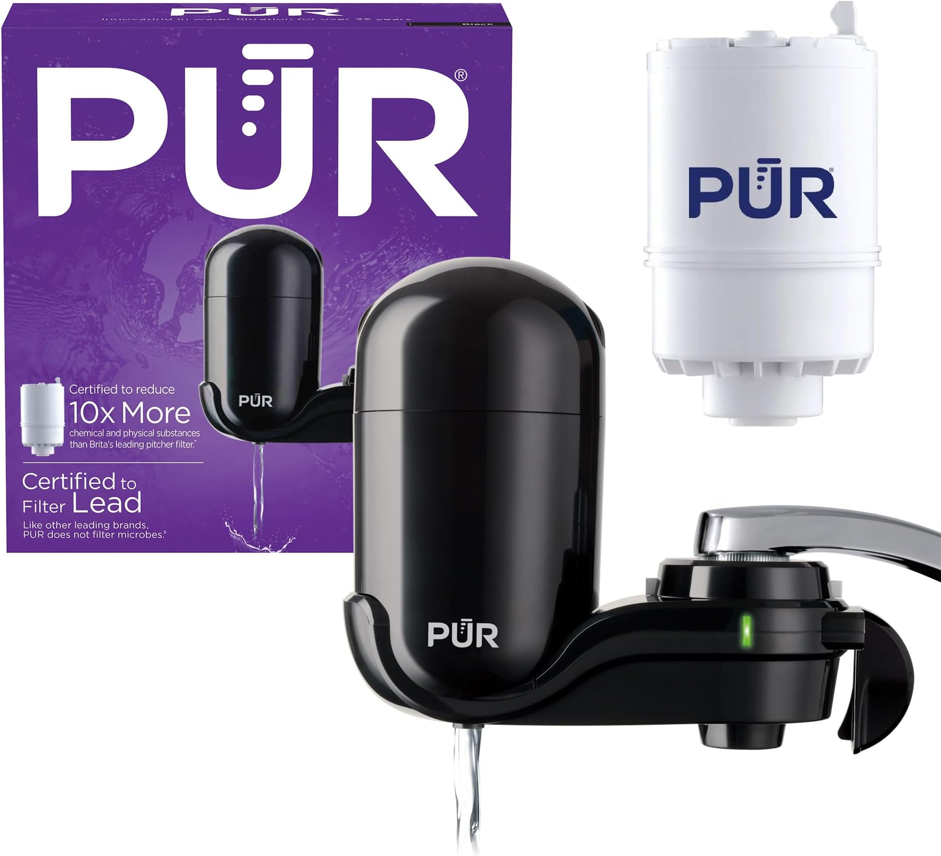 PUR Vertical Faucet Mount Water Filtration System with Lead Reducing Filter for Cleaner, Filtered Tap Water, Lasts 100 Gallons, Sink Water Filter, Fits Most Kitchen or Bathroom Faucets, Black