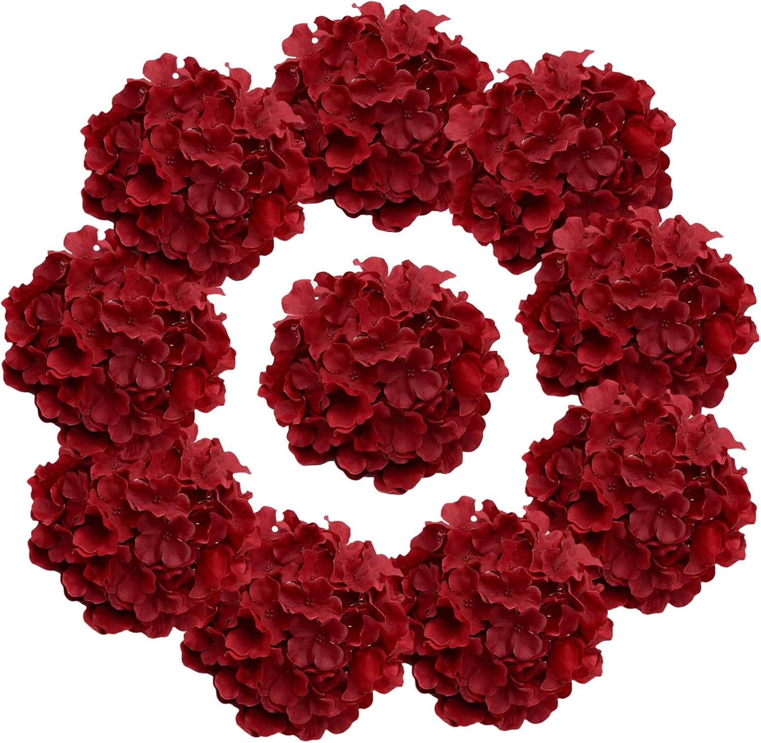 10 pcs Hydrangea Artificial Flowers, Silk Artificial Hydrangea Head with Stem Hydrangea for Bridal Wedding Baby Shower Home Party Decoration (Wine Red)