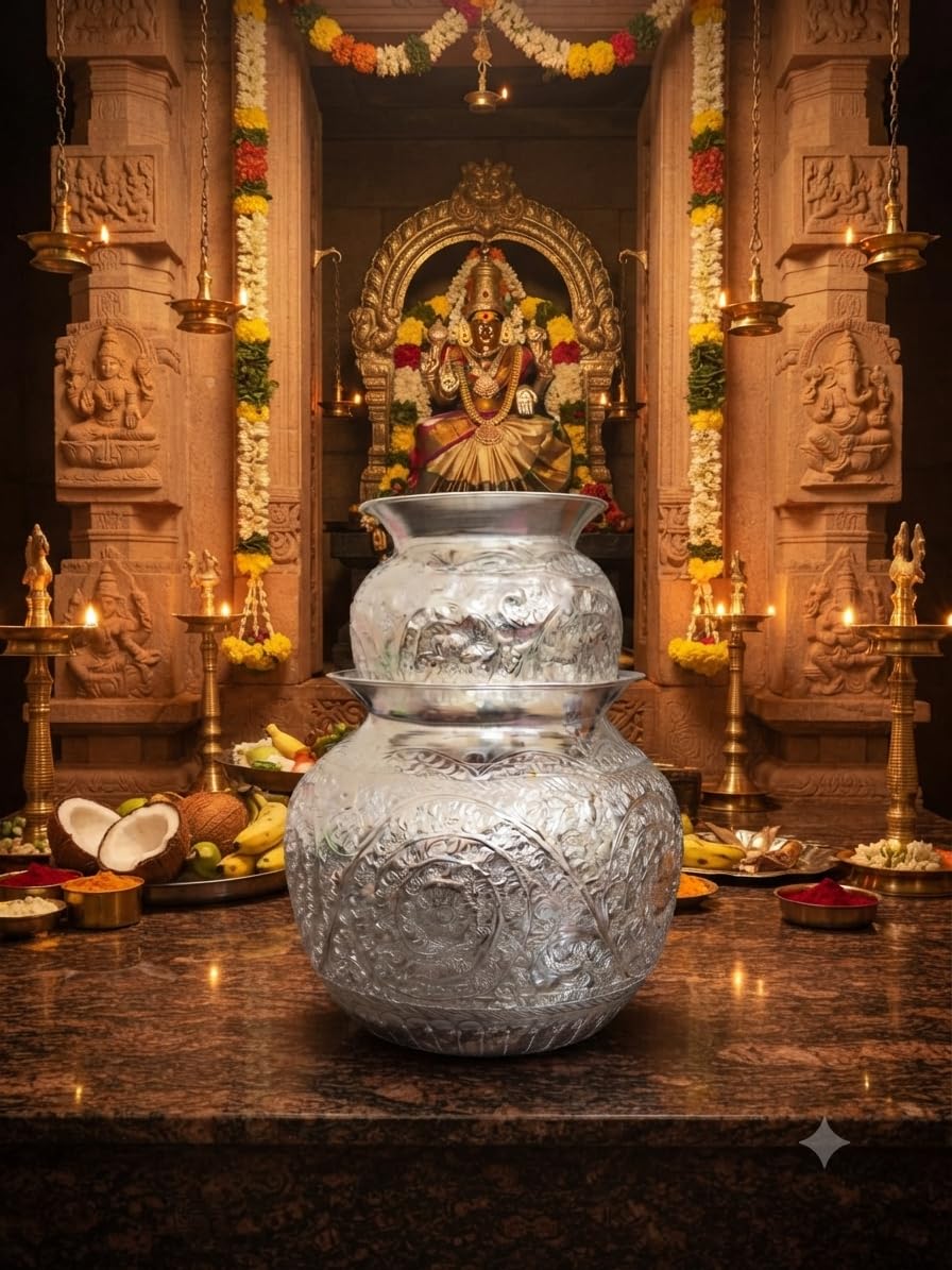 German Silver Bonalu Kalasam Set with Floral Embossing | Traditional Silver Finished Bonam Pots Set for Pooja Room Decor, Festival Celebrations & Gifting SEt of 2 PCS 1.5 x 3.3 LTRS-image-23