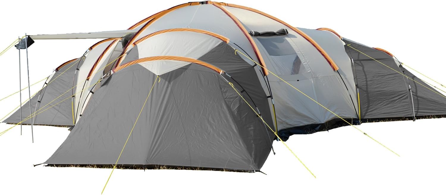 Skandika Turin Large Family Group 12-Person Tent with 3 Sleeping Rooms and Sun Canopy Porch (Grey/Orange)