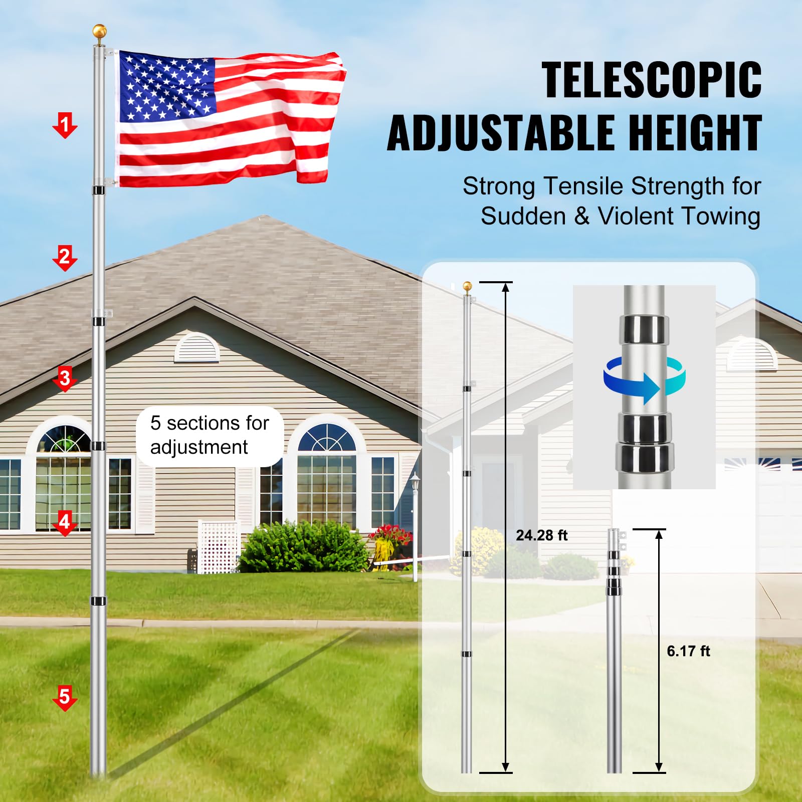 25ft telescoping flag pole heavy duty aluminum alloy in ground flag poles for outside, 3 display modes flagpole with 3x5 american flag, professional accessories, silver