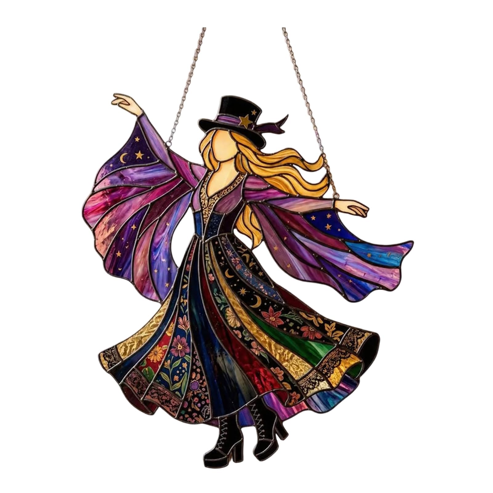 Dancing Lady Sun Catcher, Handmade Stained Glass Wind Spinner, Hanging Window Crystals Ornament, Boho Garden Decor 12cm Height, Colourful Retro Glass Art for Patio Porch Gifts 1pc