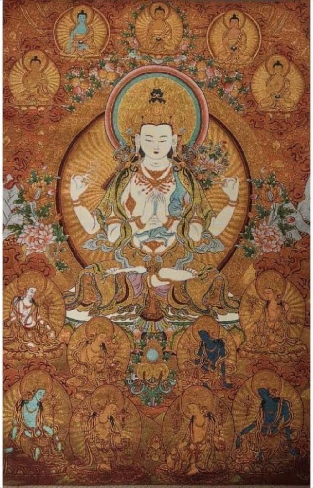 Thangka Silk Embroidery Tibetan Buddhism 4 Arms Guanyin Kwan-yin Tangka Yoga Buddhist Tapestry Wall Hanging Wall Art Home Decor Tapestry Meditation
