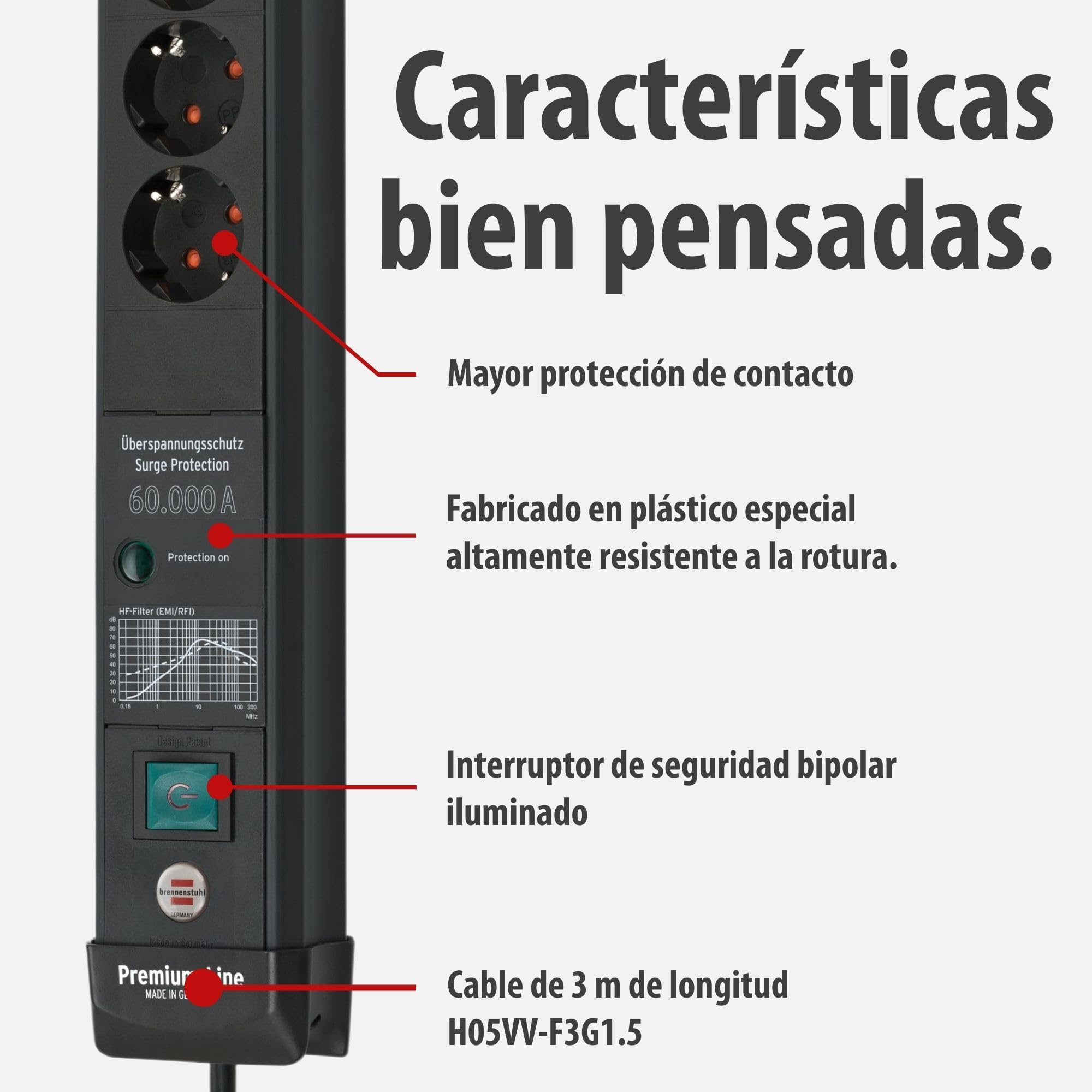 Brennenstuhl Premium-Line regleta enchufes de 6 Tomas con protección contra sobretensiones hasta 60.000A (Cable de 3m, 2X Cargador USB 3.10A, montable, Fabricado en Alemania) Negro