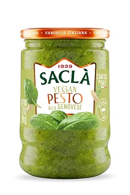 SACLA Vegan Basil Pesto alla Genovese | Dairy-Free Pesto Sauce made from Fresh Italian Basil & Cashews | 6.7 oz Glass Jar | Non-GMO, Plant-Based | Imported from Italy