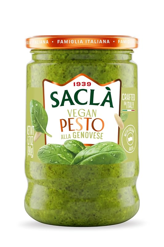 SACLA Vegan Basil Pesto alla Genovese | Dairy-Free Pesto Sauce made from Fresh Italian Basil & Cashews | 6.7 oz Glass Jar | Non-GMO, Plant-Based | Imported from Italy