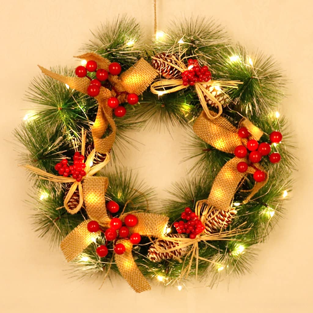 KANBUN Corona Navideña Preiluminada para Puerta De Entrada, Coronas Navideñas Artificiales con Luces Funciona con Pilas, Guirnalda Navideña para Ventana, Decoración De Pared, Chimenea,A-12inch