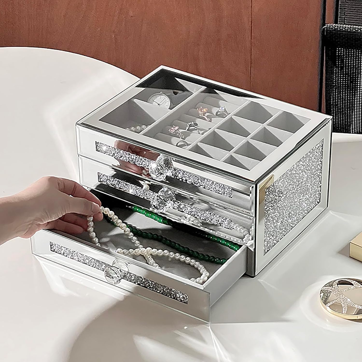 Mirrored Jewelry Box for Women,Glass Lid Jewelry Organizer with 3 Drawers for Necklaces Rings Earrings Bracelets,Crushed Diamond Home Decor,Gift Idea(7.6" D x 10.5" W x 5.5" H)