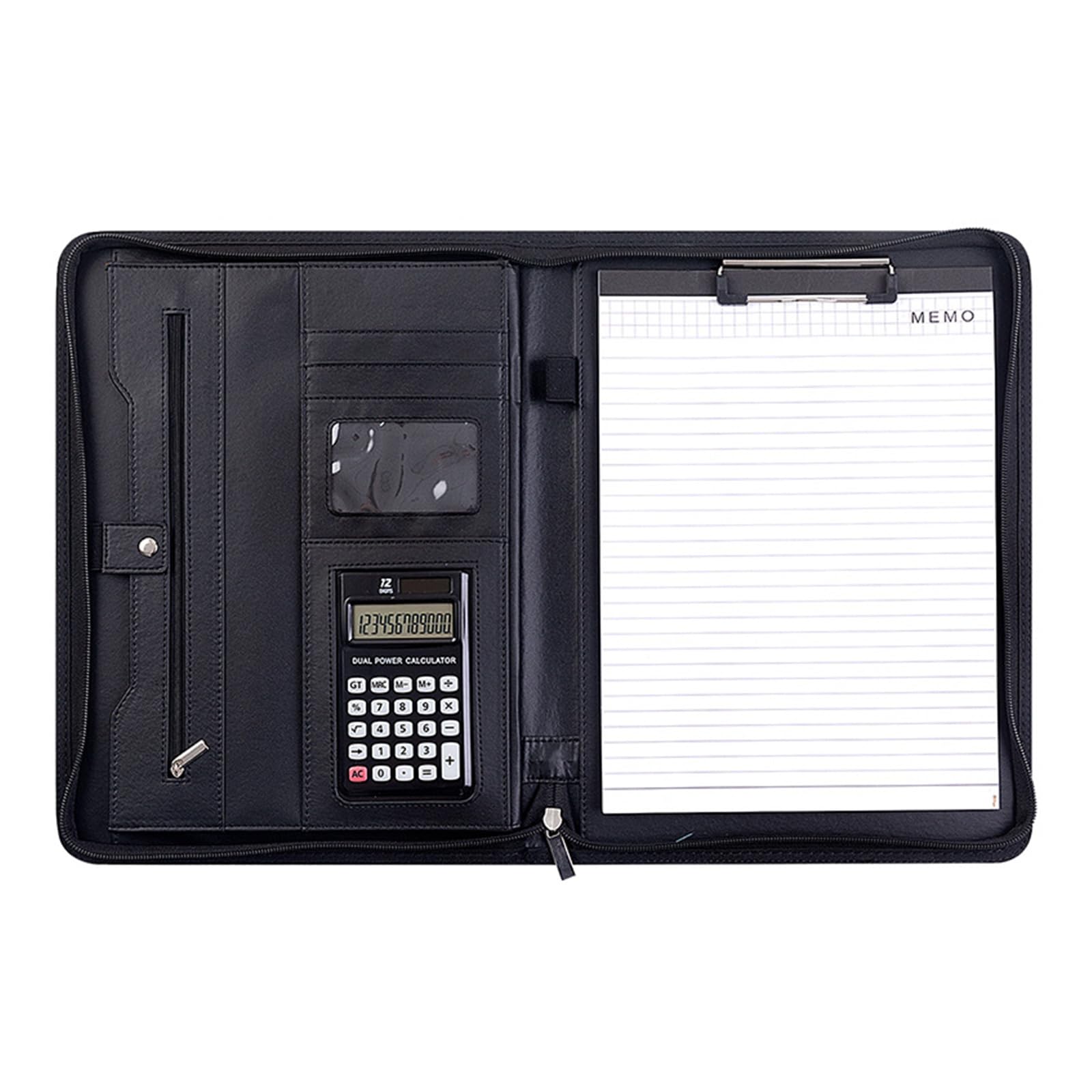 Carpeta de conferencias de negocios con calculadora de 12 dígitos y blocs de notas, funda de piel con cremallera, organizador de archivos, portapapeles con cremallera