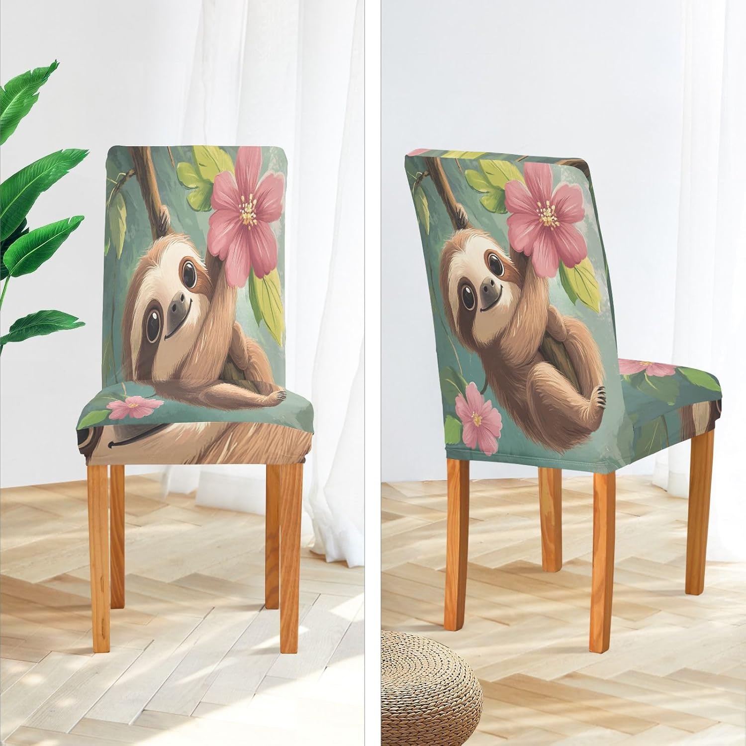 ALAZA Chair Covers for Dining Room, Cartoon Sloth with Flower Tree Stretch Chair Cover Sets Chair Protector Removable Washable for Ktichen Restaurant Hotel