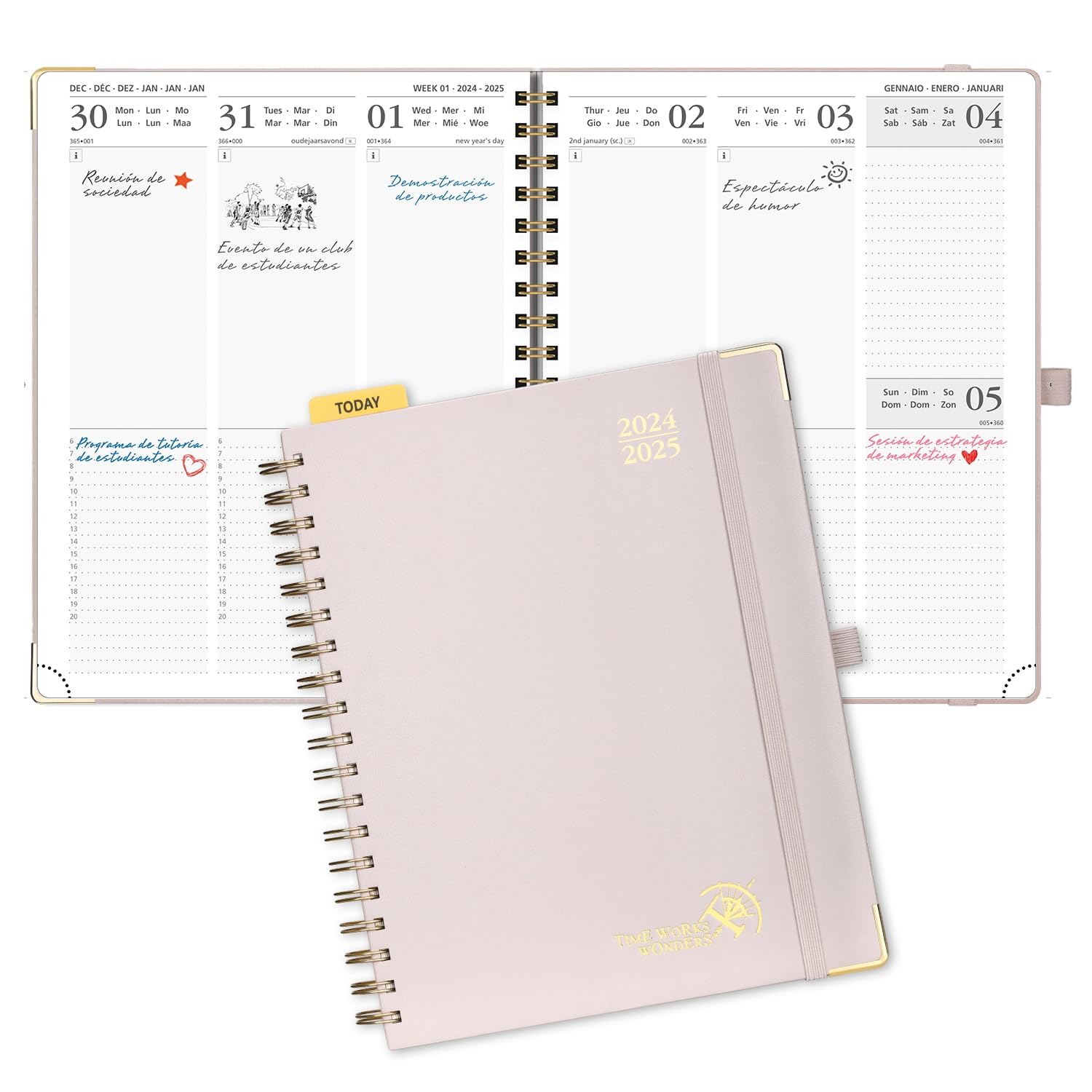 POPRUN Agenda 2024 2025 Semana Vista 25,5 x 20,5 cm, Tapa Dura Agenda Escolar 17 Meses Semanal de Ago.2024 a Dic.2025, Regla de Plástico, 80 GSM Papel, Rosa Claro