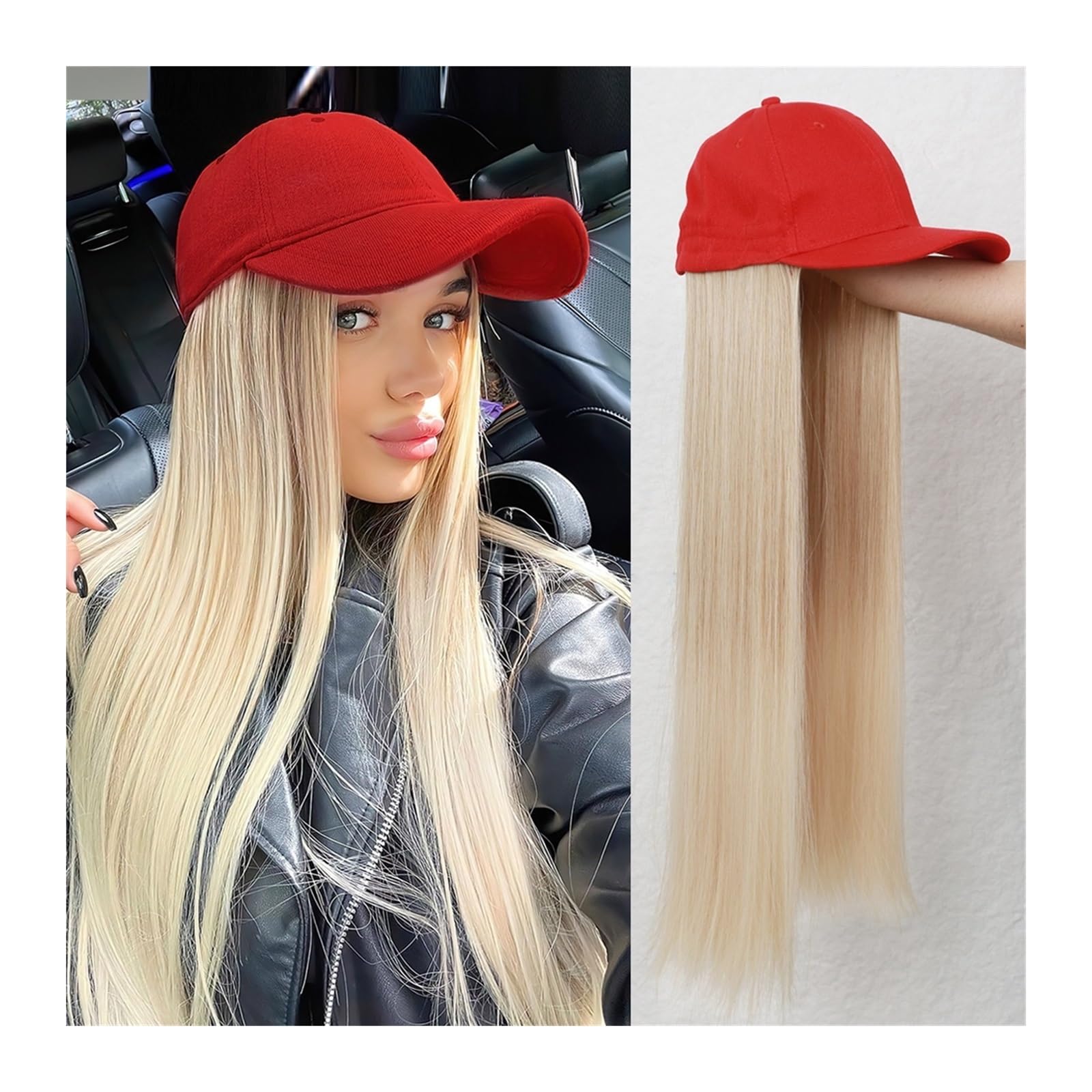 Pelucas de Pelo Largo y Liso con Gorra de béisbol, Pelucas de Sombrero de 26 Pulgadas Adjuntas for Mujer, Gorra de béisbol Ajustable con extensión de Pelo sintético(Red)