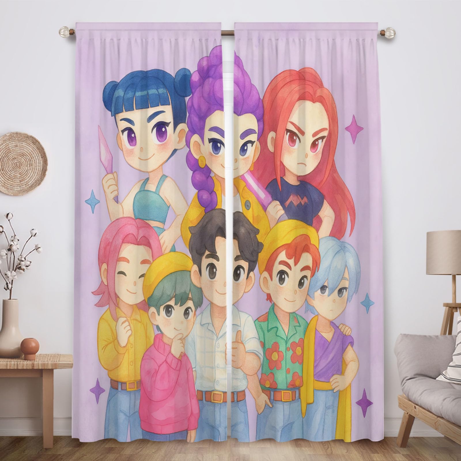 Funnytree Dreamy Purple Korean Hunter Music Curtains Window Panels 82"x84" - Darkening Drapes for Girls Teens Women Fans Daughter Bedroom Kitchen Living Room Nursery Decor, Machine Washable Durable