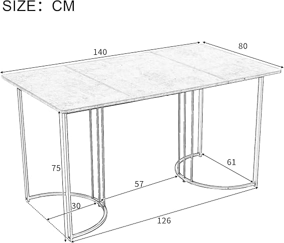 ModernLuxe Dining Table in Marble Pattern, Metal Frame Rectangular Kitchen Table with Adjustable Feet for Dining Room Living Room, 140x80cm, White Desktop & Black Legs, 1PC