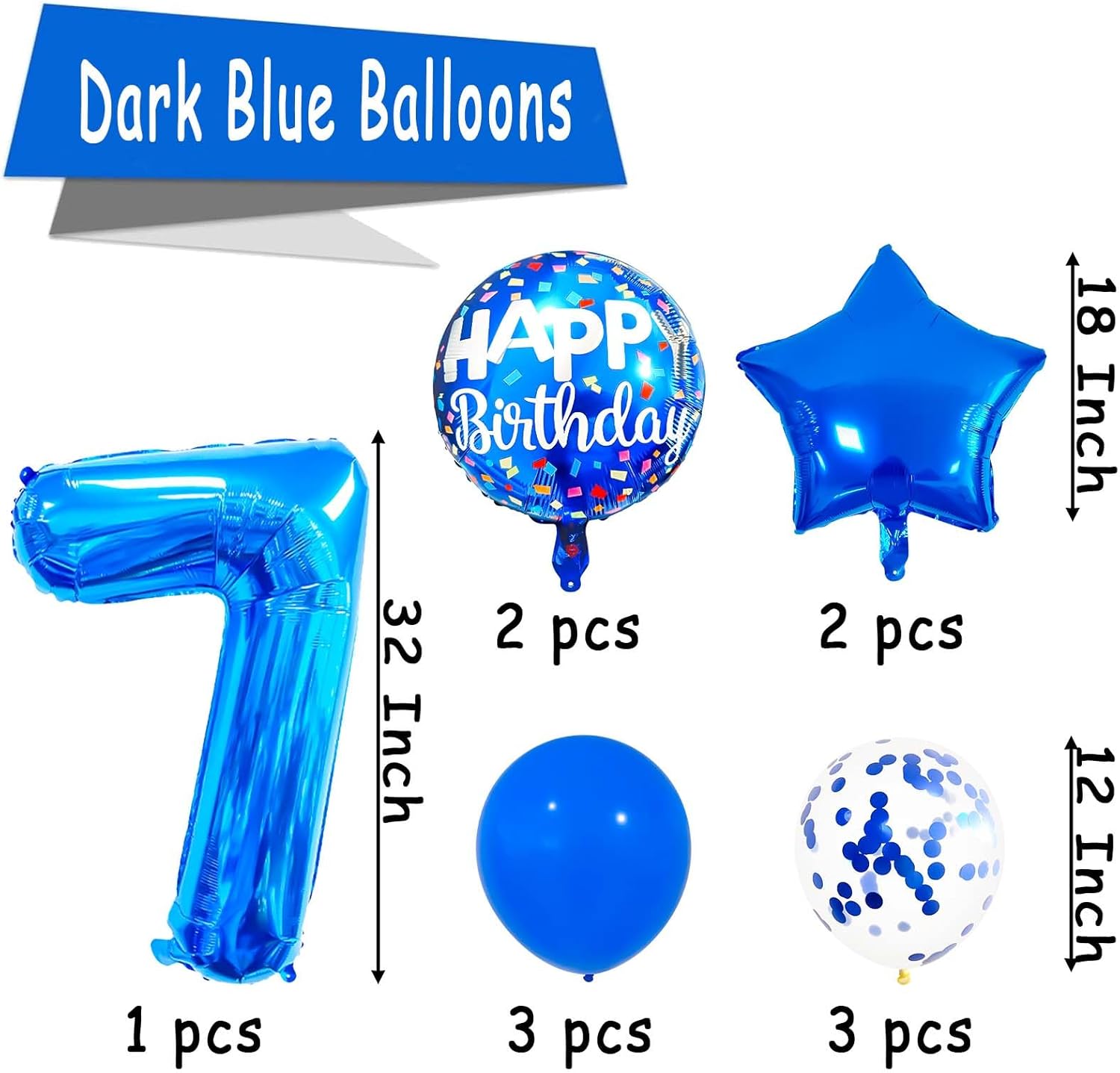 7 Balloon Number, Dark Blue Balloon, Blue Confetti Latex Balloon Foil 7 Birthday Balloon for Anniversary Supplies Kids Birthday Party Banquet Decoration - Image 2
