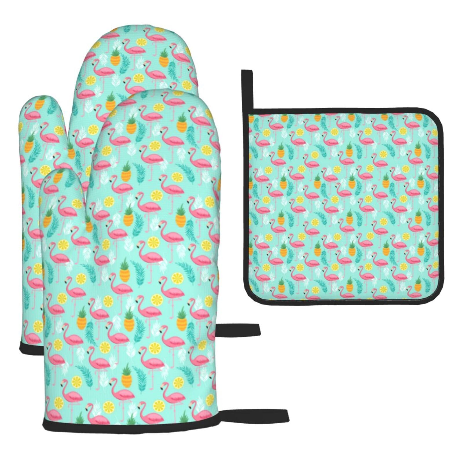 Flamingo Print Oven Set Kitchen Gloves Baking Grilling Microwaving Cooking Gift Everyday Holiday