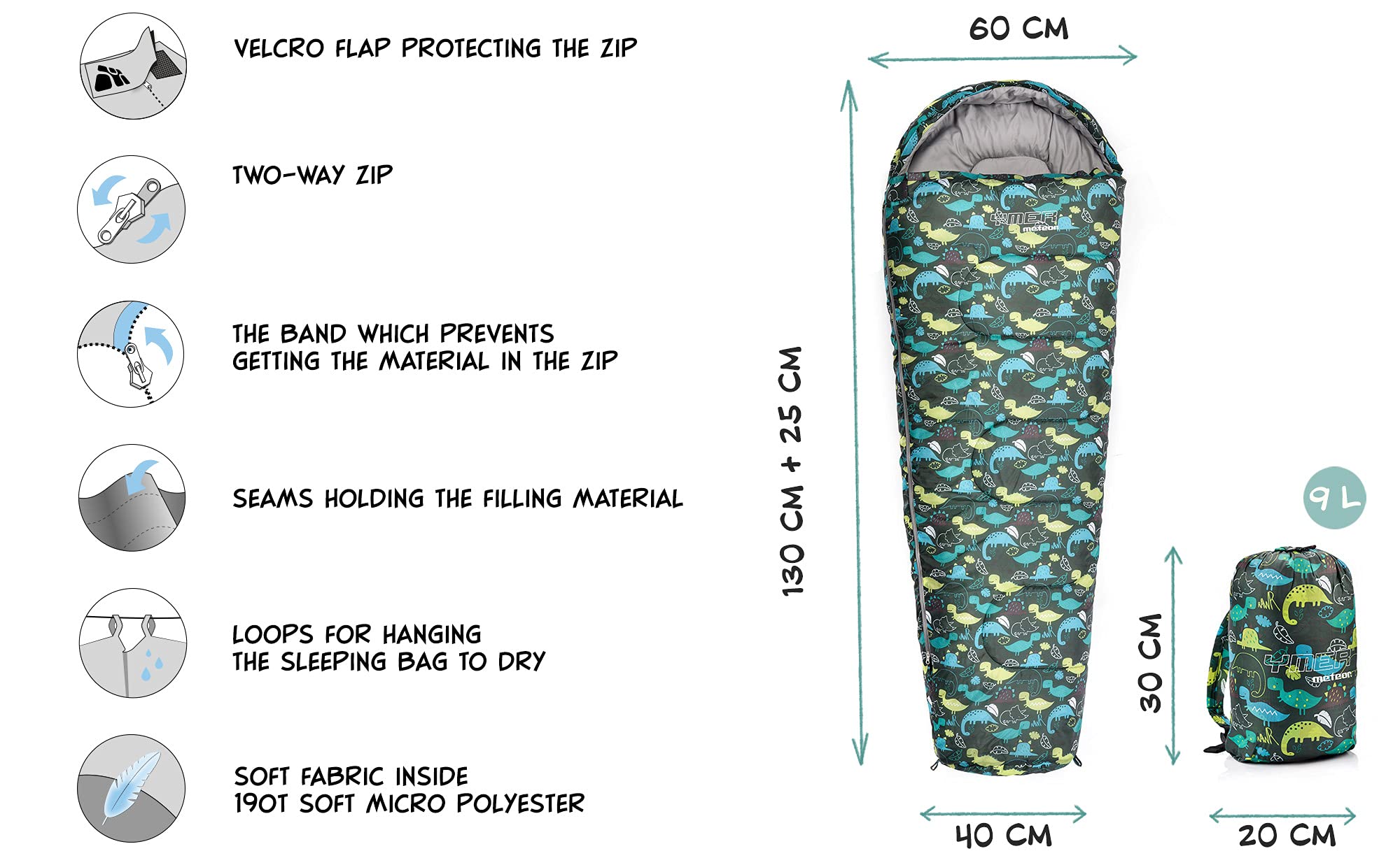 meteor Saco Dormir Tipo Momia - para Niños en Viaje Camping Festival Hotel con Capucha y Mochila YMER