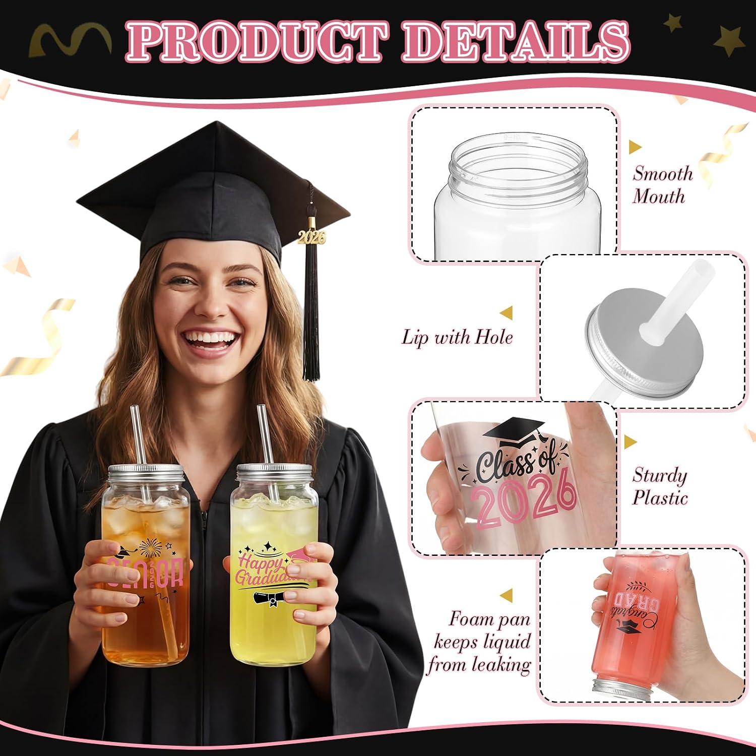 48 Pcs Graduation Plastic Cups with Lid and Straws Bulk 13.5 oz Class of 2026 Plastic Mason Jars Reusable Tumblers Graduation Gifts for Class of 2026 Congrats Grad Party Favors (Pink Black)