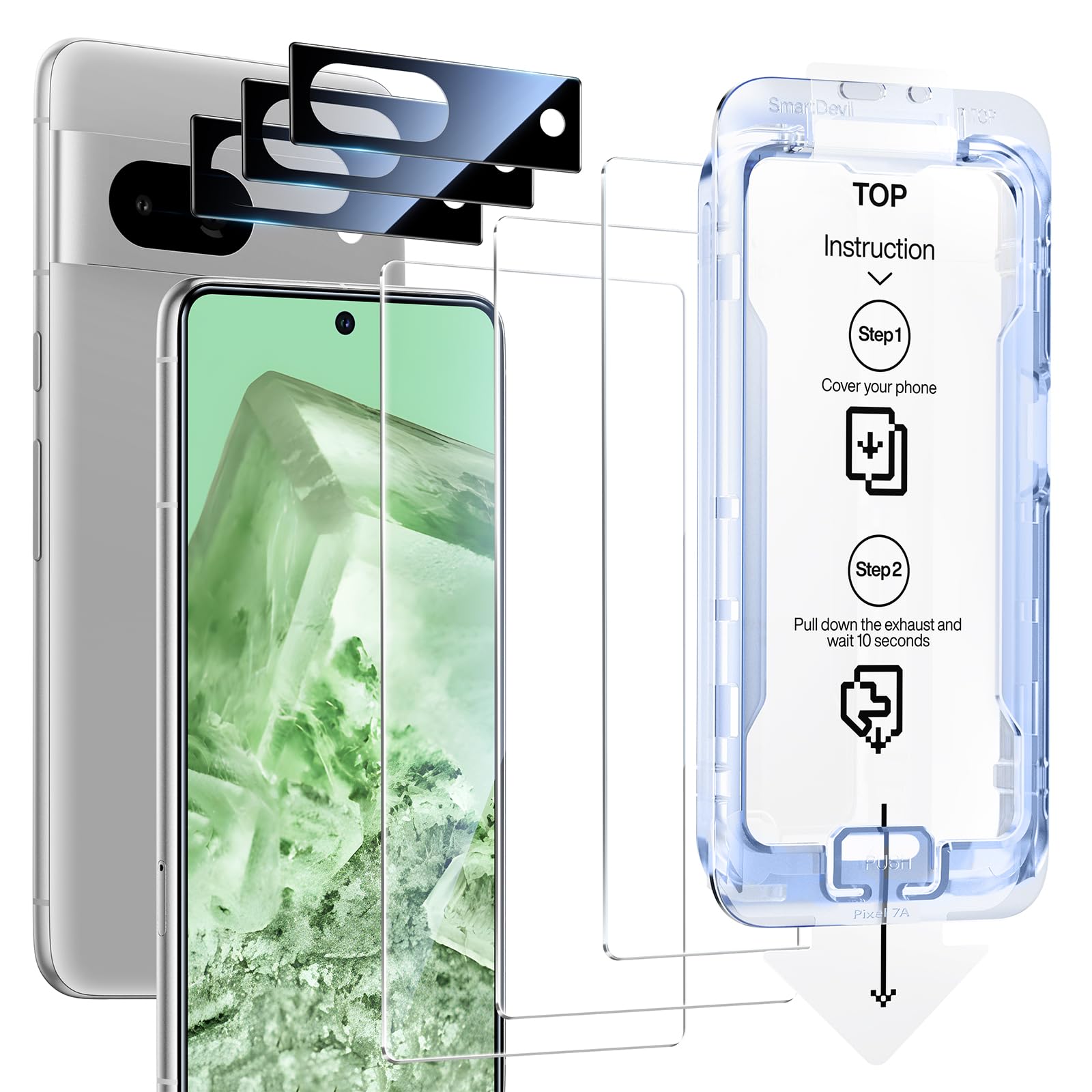 SMARTDEVIL [3+3 Pack for Google Pixel 8 Screen Protector with Camera Lens Protector, Finger Print Reader Compatible, Fast & Easy Installation, Clear 9H Tempered Glass Film, Alignment Frame