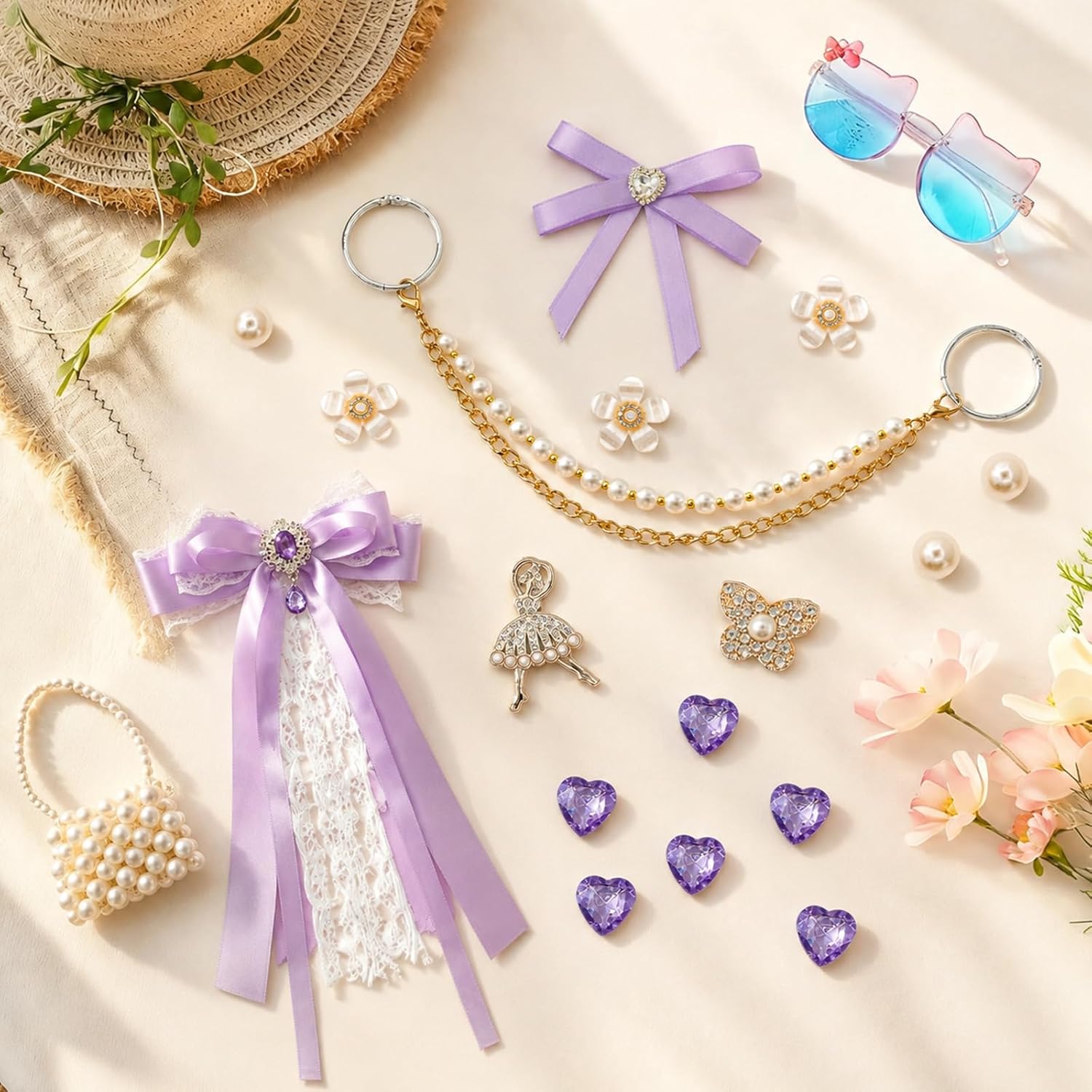 LBU Bling Charms for Bogg Bag Accessories, Fabric Bow, Pearl Chains, Flowers Pearl, Butterfly, Heart Diamond Insert Charms for Bogg Beach Rubbet Tote Simply Southern Women Bags(Purple)