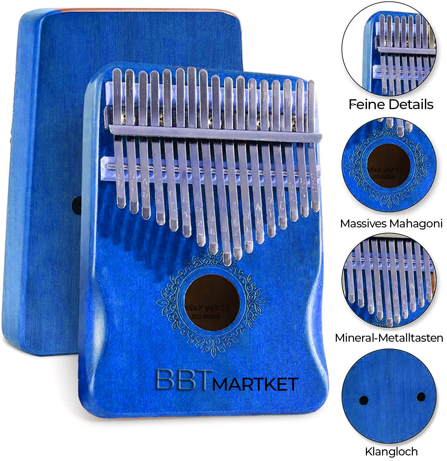 Kalimba 17 Tasten Daumenklavier aus Akazienholz – Thumb Piano Fingerinstrument – C-Dur – Tragbar, gestimmt, mit Notenprägung – Musikinstrument für Anfänger & Profis (Blau)