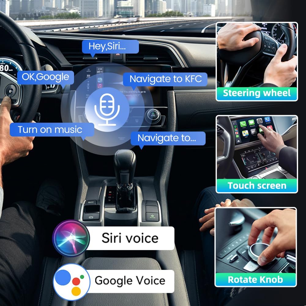 CarlinKit Ai Box 3.0 demonstrating voice control features like 'Hey Siri' and 'OK Google' for navigation and music