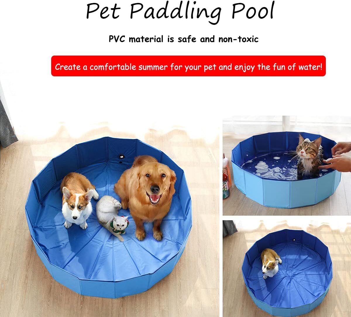 Dog paddling pool foldable pet dog pools puppy swimming pool PVC Round Shape Bathing Tub playing pool for Pets& Kids Indoor/Outdoor—80*20cm Blue - Image 3