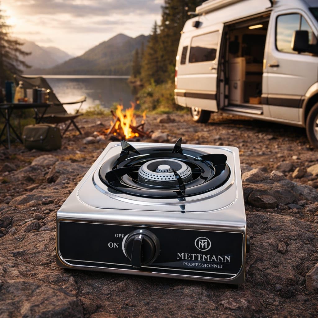 Réchaud Gaz Simple 1 Brûleur - 2.9 kW - Allumage Piézo, Acier Inoxydable, Facile à Nettoyer - Idéal Intérieur Et Extérieur, Caravane, Camping
