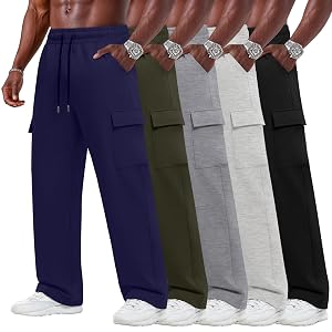 5 Pack Big and Tall Cargo Sweatpants for Men Baggy Wide Straight Leg Open Bottom Drawstring Pants with