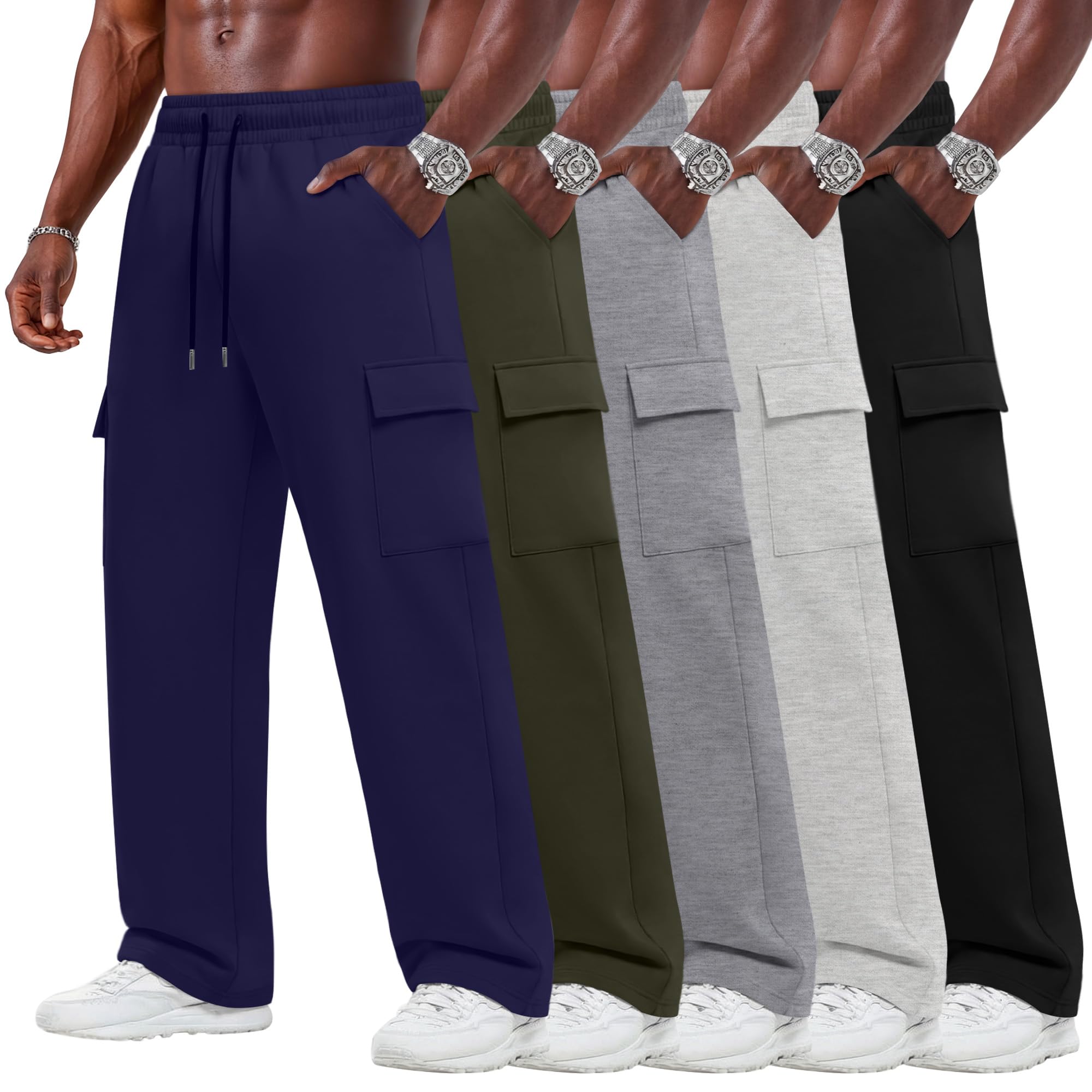 5 Pack Big and Tall Cargo Sweatpants for Men Baggy Wide Straight Leg Open Bottom Drawstring Pants with
