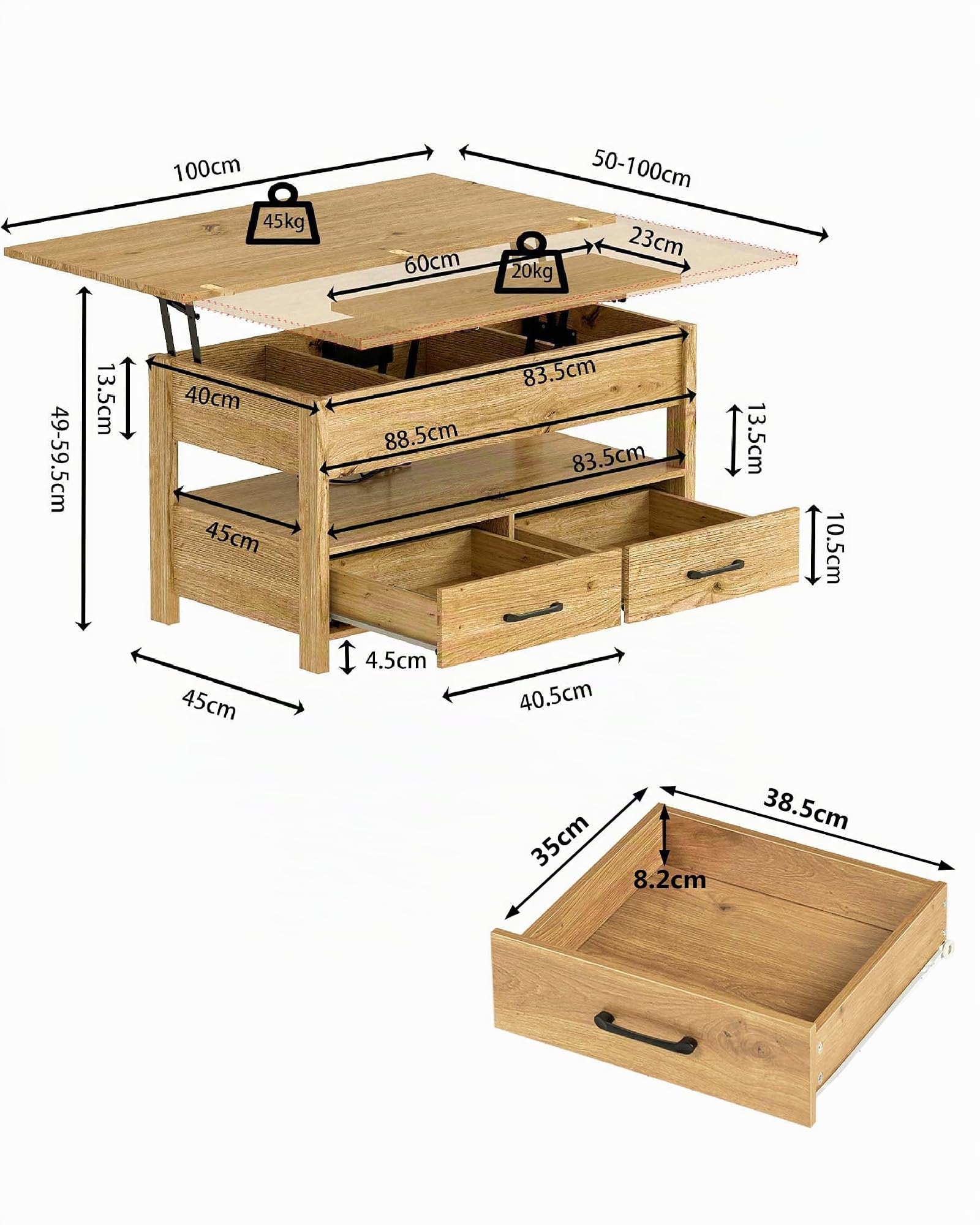 Mesa de Centro Elevable y Extensible, Coffee Table con Altura Regulable, Mesa Auxiliar Sofa con 2 Cajones, 2 USB y 2 Enchufes, Luz LED, Madera