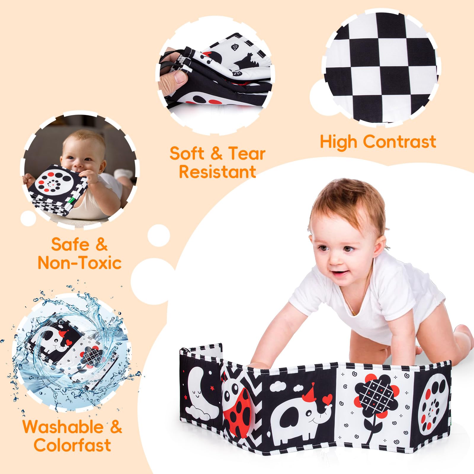 Cawgug Black and White High Contrast Baby Toys for Newborn Brain Development Tummy Time Soft Book Babies 0-3 6-12 Months Montessori Learning Activities Infant and Sensory Visual Stimulation Toys
