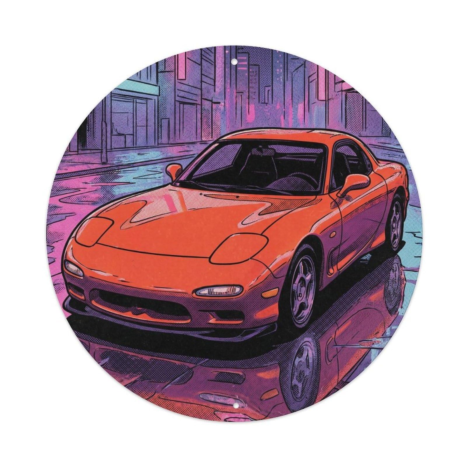 1994 RX-7 FD3S JDM Sports Car Neon Racing Comic Performance Metal Tin Sign Plaque Wall Decor for Cafe, Man Cave, Club Bar, Office, Home Garden Round Metal Poster 8x8Inch