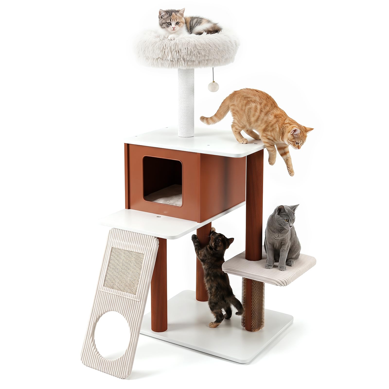 COSTWAY Árbol para Gatos, Centro de Actividad para Mascotas | 77,5 x 29,5 x 51 cm Torre de Juego para Gatos con Casita, 3 Plataformas, Postes Rascadores, Rampa de Sisal con Agujero