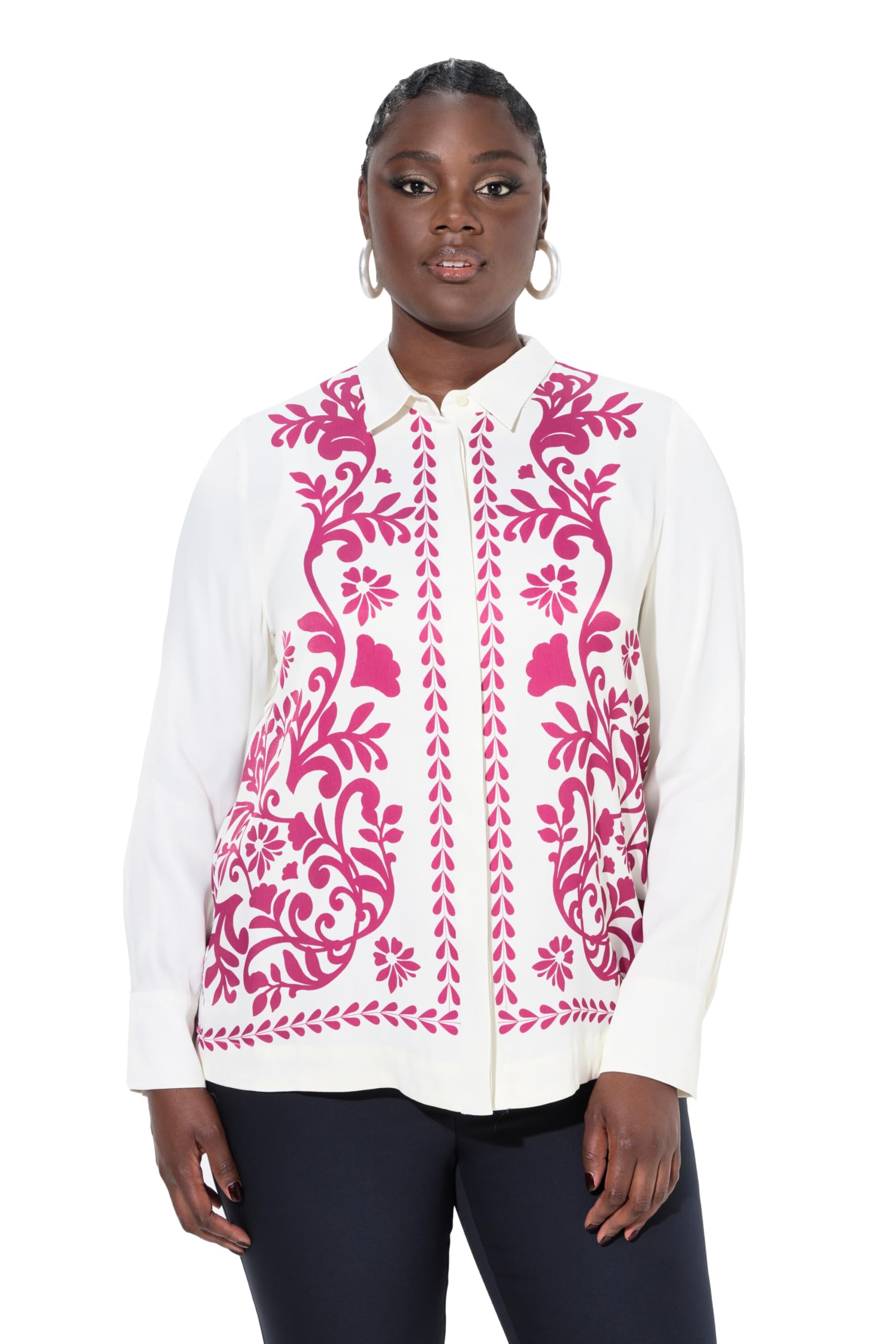 Ulla Popken Damen große Größen Übergrößen Plus Size Satinbluse, florales Design, Hemdkragen, Langarm 835672