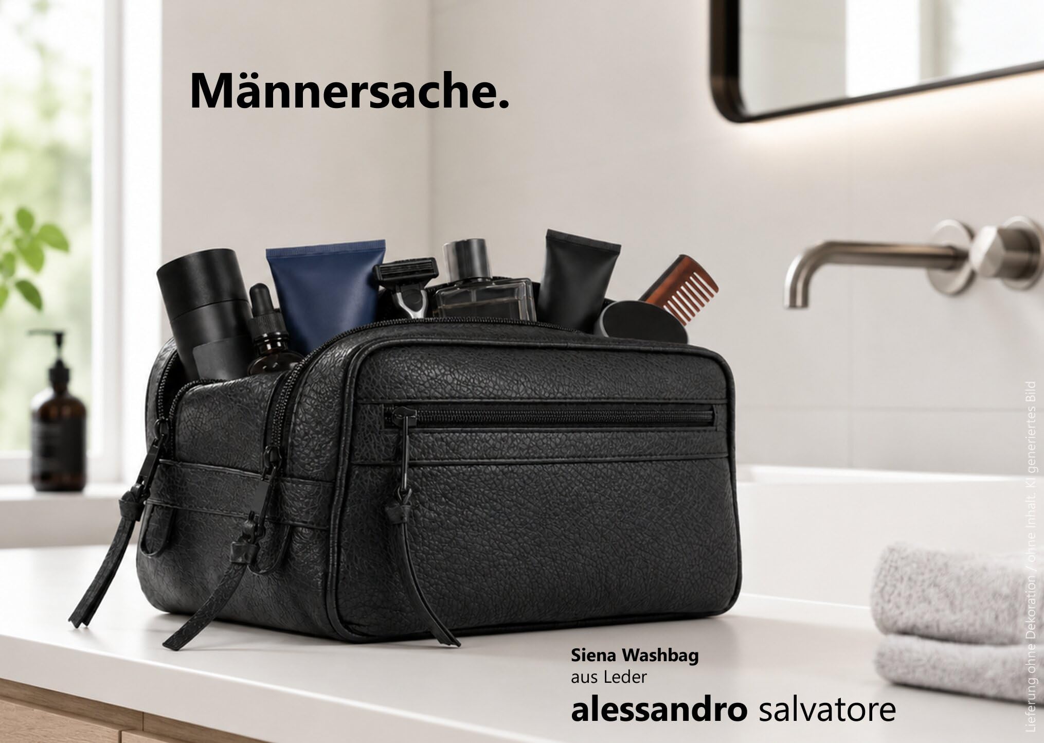 Kulturbeutel Leder Kulturtasche Washbag Sauna Siena 12977 Schwarz 1 +b