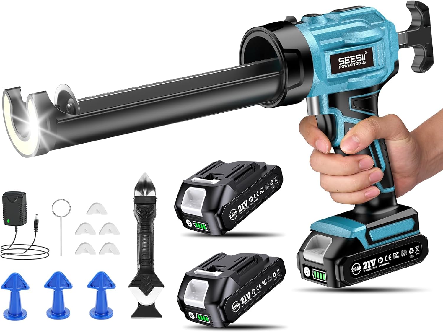 SEESII Electric Caulking Gun, 21V Cordless Caulking Gun, Battery Powered Caulk Gun w/2 x 2.0Ah Batteries, 9Pcs Caulk Remover Tool, LED Light, Auto Retract for Filling, Sealing