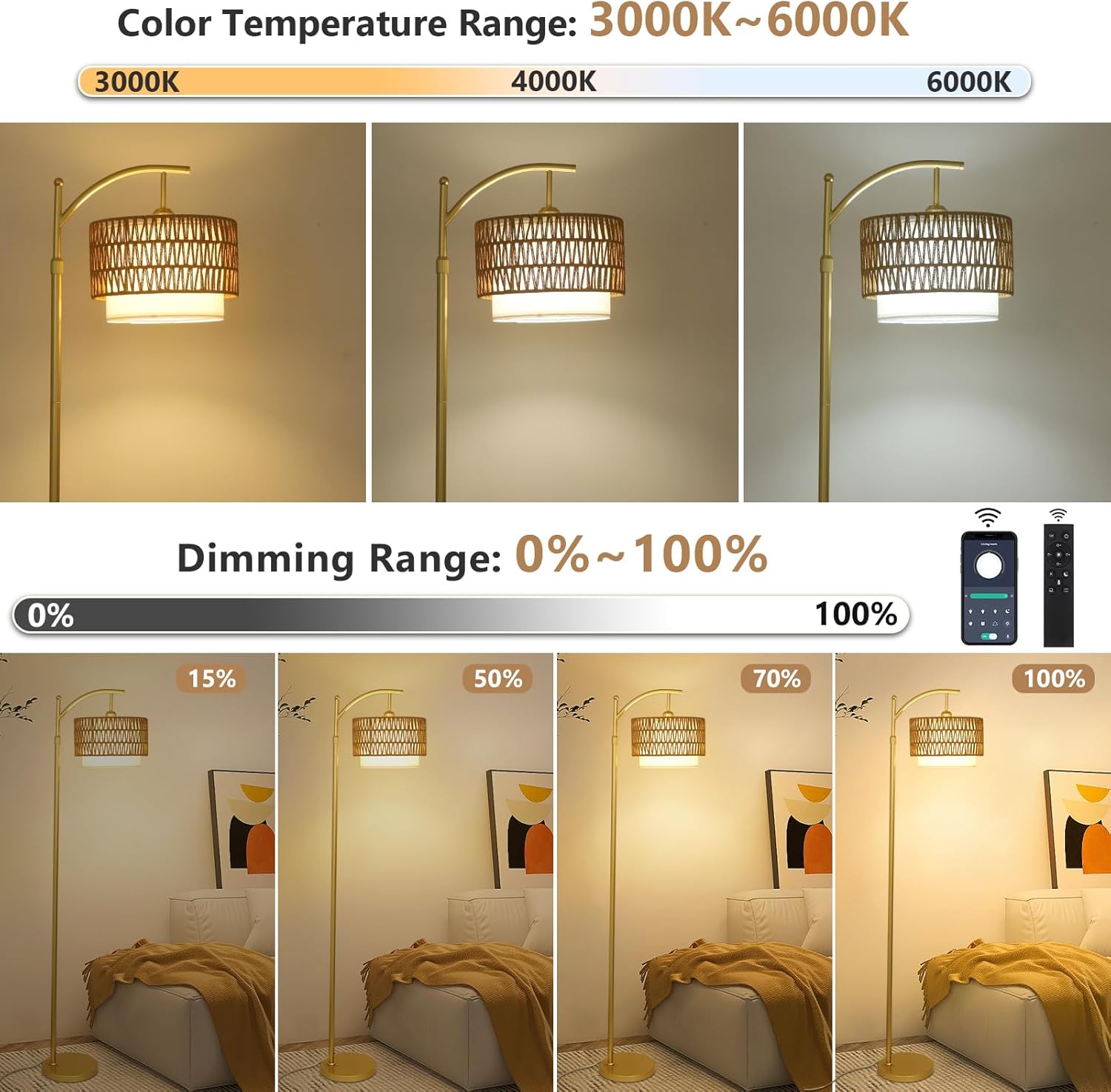 Gold Floor Lamps for Living Room with Remote & Dimmable LED Bulb, Modern Arc Floor Lamp with 3 Color Temperatures, Boho Standing Lamp with Rattan & Fabric Shades, Adjustable Tall Lamp for Bedroom