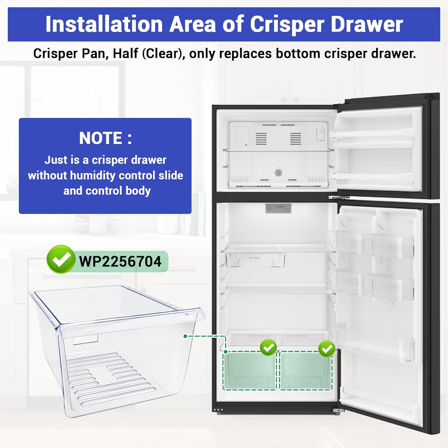 WP2256704 Refrigerator Crisper Drawer (clear) Compatible with whirlpool, kenmore, amana, maytag etc. Refrigerator Crisper Pan 2256704 replace 1469225, PS11739936, AP6006849, EAP6006849 etc.