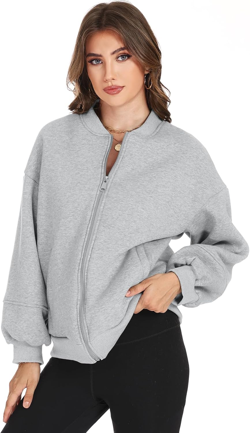 Arssm Womens Oversized Zip Up Sweatshirt Jackets Fleece Lantern Sleeve Casual Fall Bomber Jackets - Image 3