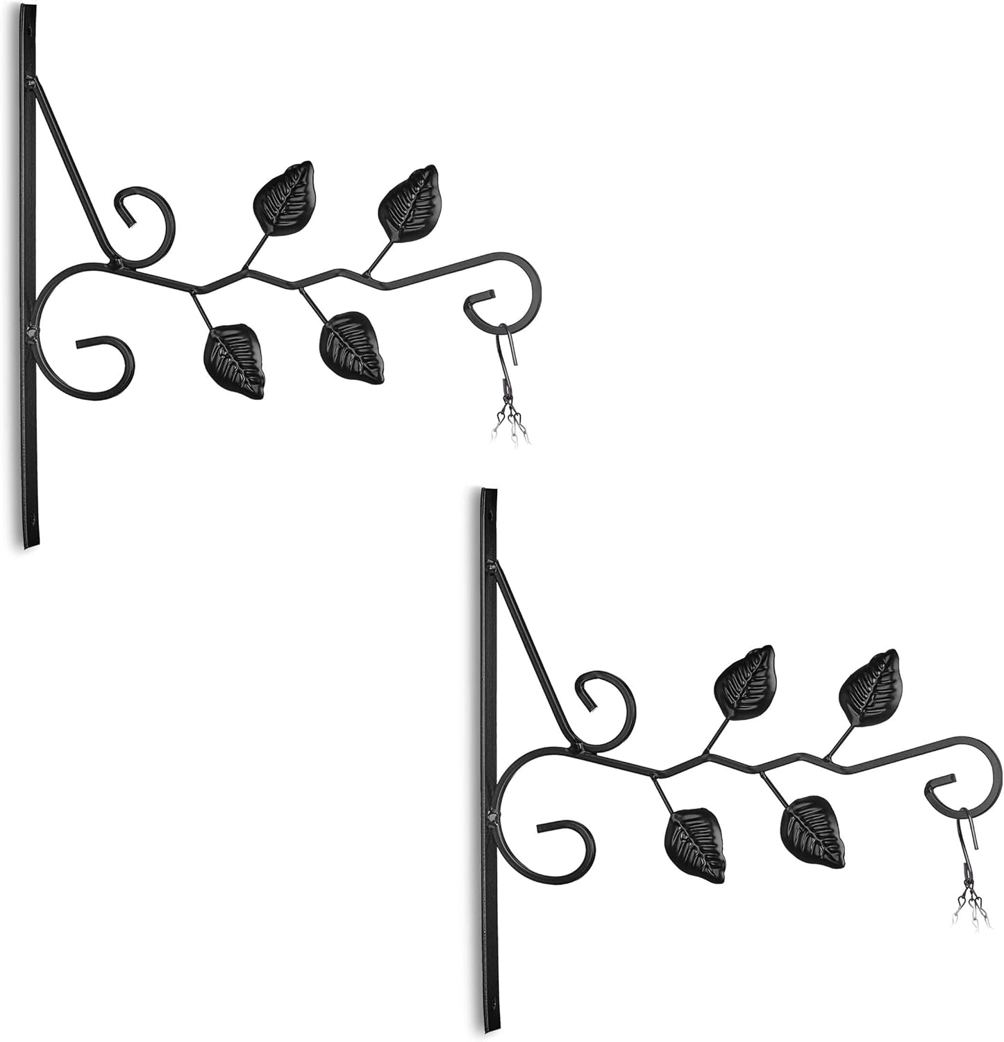 Relaxdays Hanging Basket Holder Set of 2 Leaf Motif, Wall Mounting, H x W x D: 30 x 29.5 x 2 cm, Flower Hooks, Iron, Black