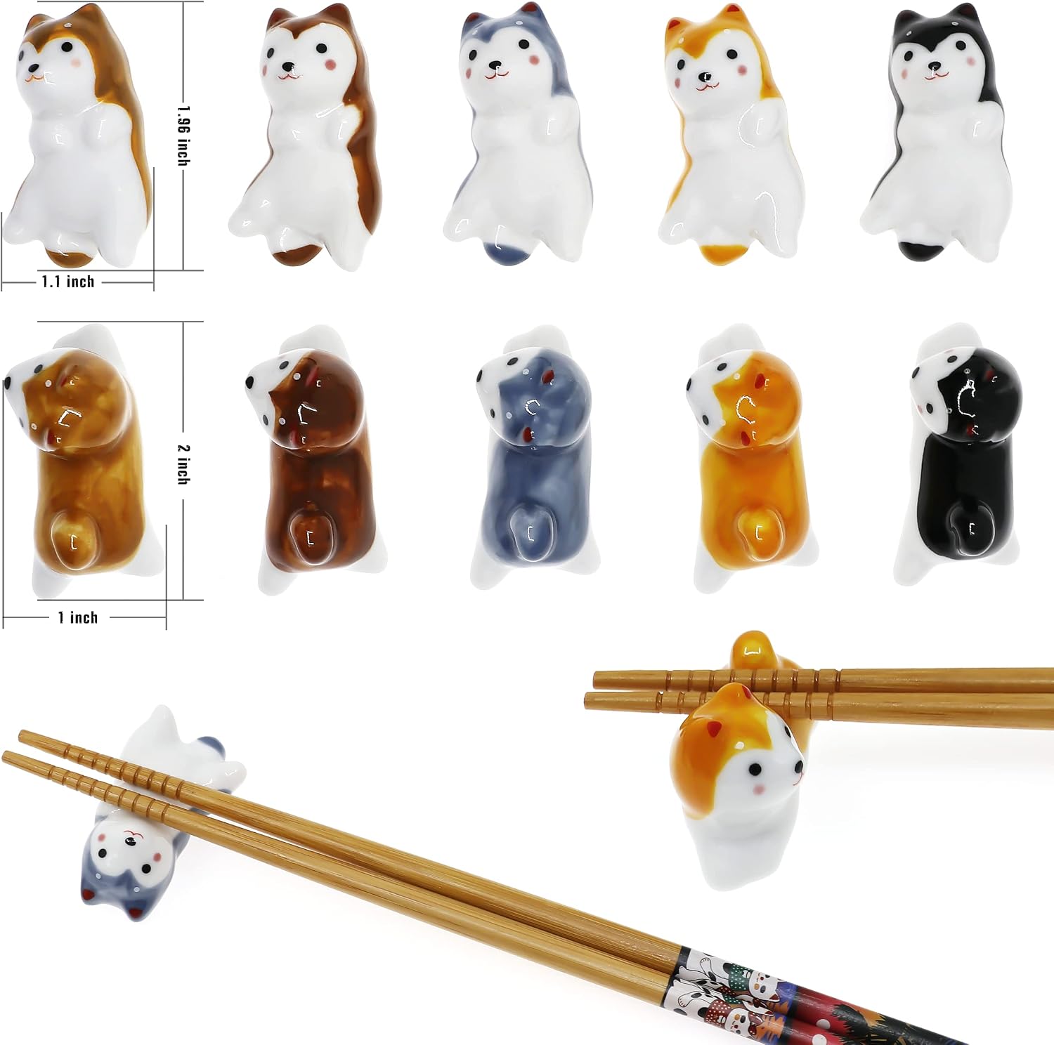 10 Ceramic Dog Chopstick Rest Set, Japanese Dining Utensil Tableware Holder